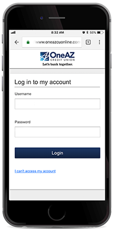 screenshot of updated OneAZ Online Banking login page on iPhone