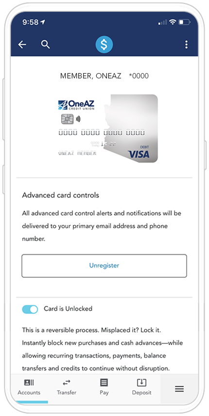 OneAZ Mobile Banking app - Card Controls