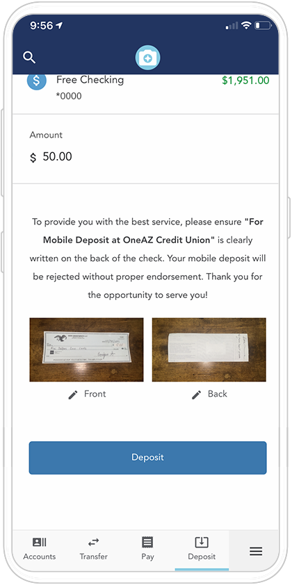 OneAZ Mobile Banking app - Deposit a check - Take pictures