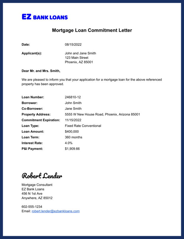 Sample final loan commitment letter