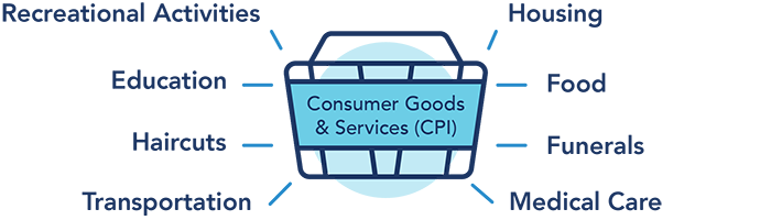 Consumer Goods & Services (CPI): Recreational Activities, Education, Haircuts, Transportation, Housing, Food, Funerals, Medical Care