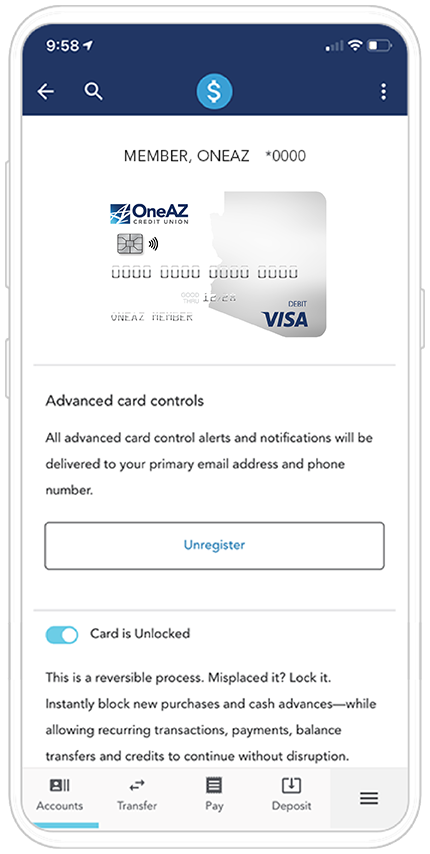 OneAZ Mobile Banking app - Card Controls